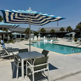 umbrella shaded tables and chairs near pool